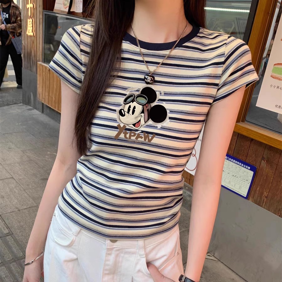 独特超好看单穿条纹正肩短袖T恤女夏季2025新款今年流行爆款上衣