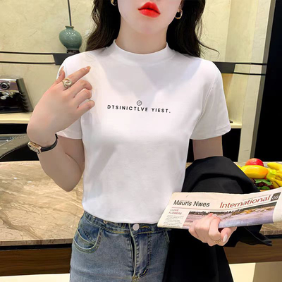 纯棉显瘦宽松半高领短袖t恤女2025春夏新款别致减龄休闲打底上衣