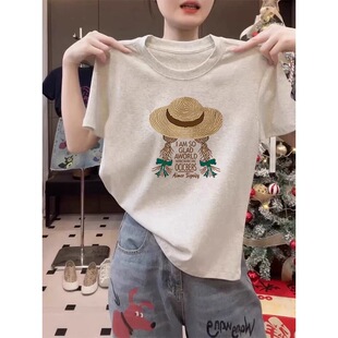 宽松显瘦时尚 新款 漂亮正肩上衣ins t恤女2026夏季 纯棉今年流行短袖