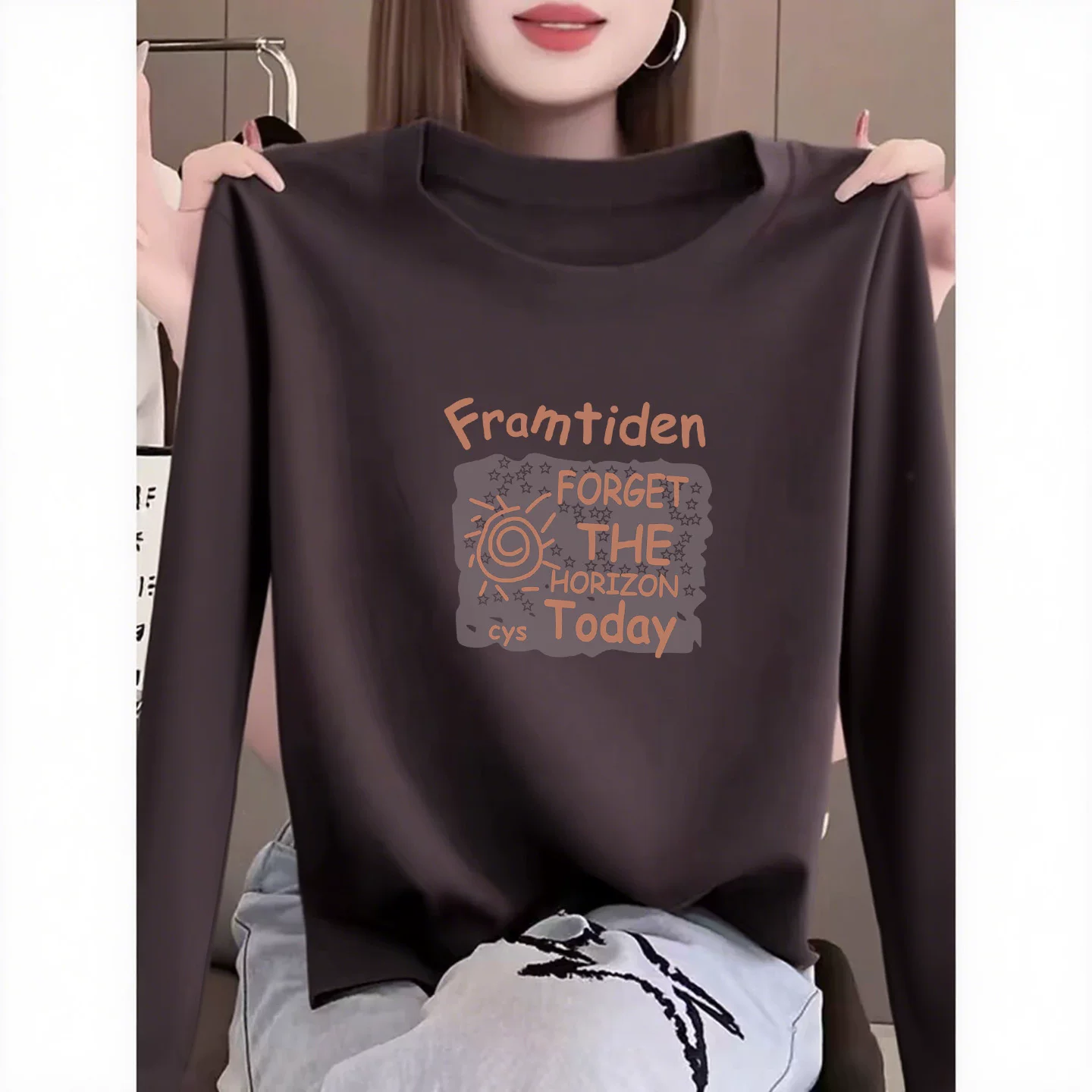 正肩纯棉圆领长袖t恤女装小众设计感时尚百搭上衣打底衫2025秋季