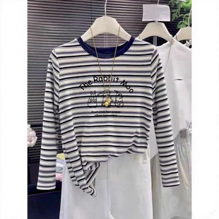 2025秋冬季 设计感条纹纯棉长袖 百搭显瘦上衣打底衫 时尚 t恤女韩版