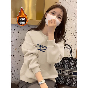 纯棉正肩卫衣女套头加绒加厚保暖宽松显瘦休闲百搭春秋冬长袖上衣