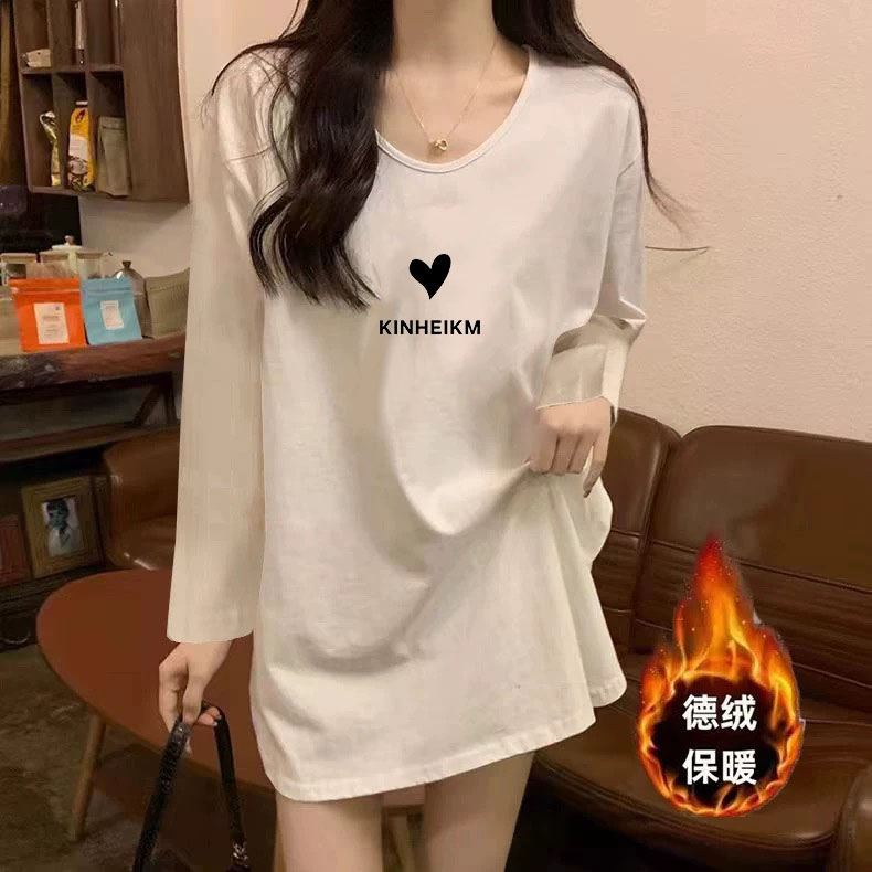 德绒白色别致v领长袖t恤女2025秋冬新款宽松中长款打底衫保暖上衣