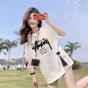 下衣失踪开叉ins潮上衣 纯棉宽松短袖 t恤女2025新款 韩版 减龄中长款