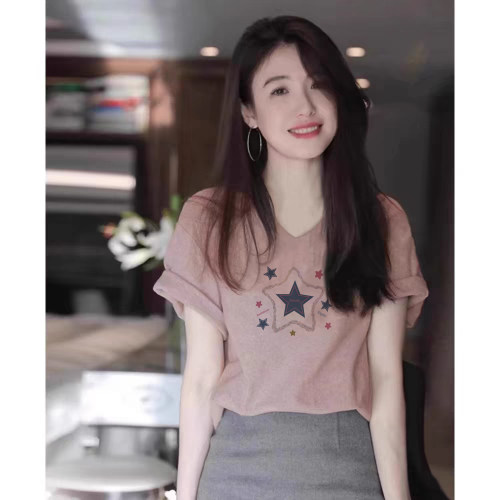 美式复古V领短袖正肩宽松t恤女夏季洋气大码微胖mm遮肚子纯棉上衣