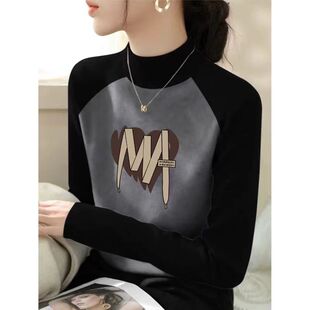 双面德绒半高领拼接2024女秋冬季打底衫内搭设计撞色长袖保暖上衣