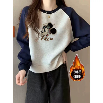 纯棉美式复古插肩长袖加绒卫衣女2025春秋冬新款宽松套头爆款上衣