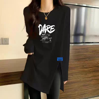 中长款纯棉长袖t恤上衣女2025新款秋冬打底衫百搭宽松洋气侧开叉