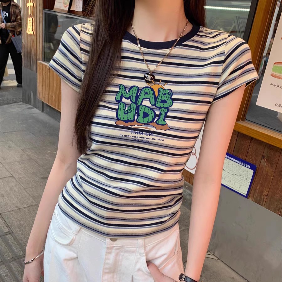美式复古撞色条纹内搭短袖T恤女2025夏季设计感正肩修身打底上衣