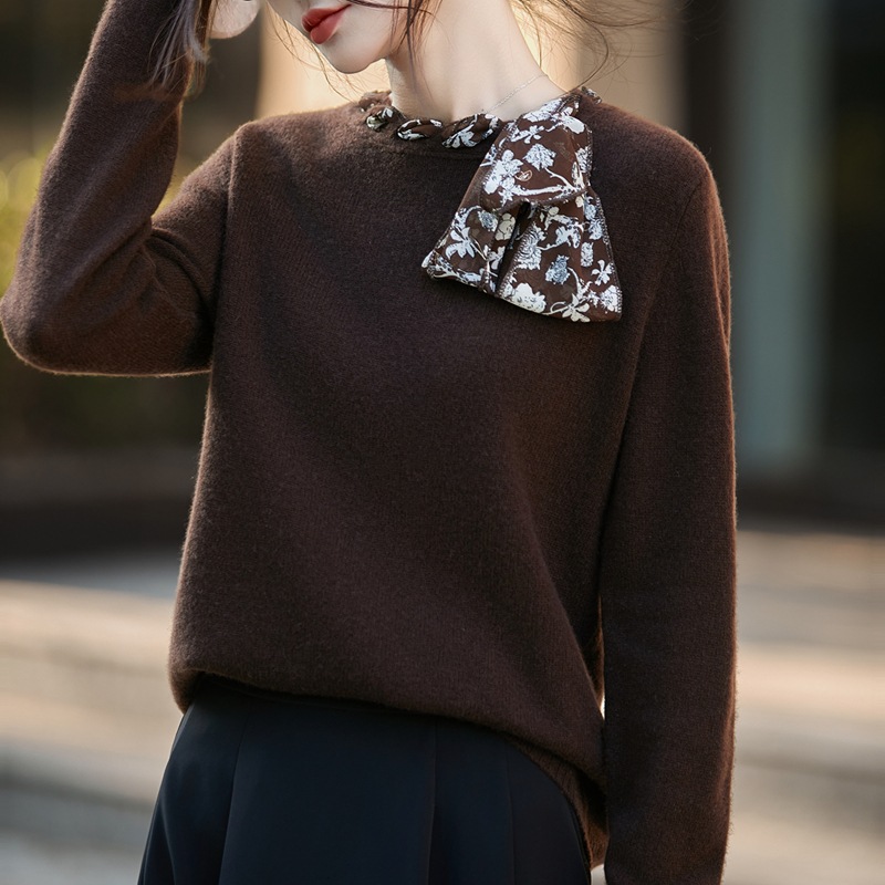 蝴蝶结针织衫女秋装新款流行丝巾精纺羊毛针织衫女打底衫女洋气