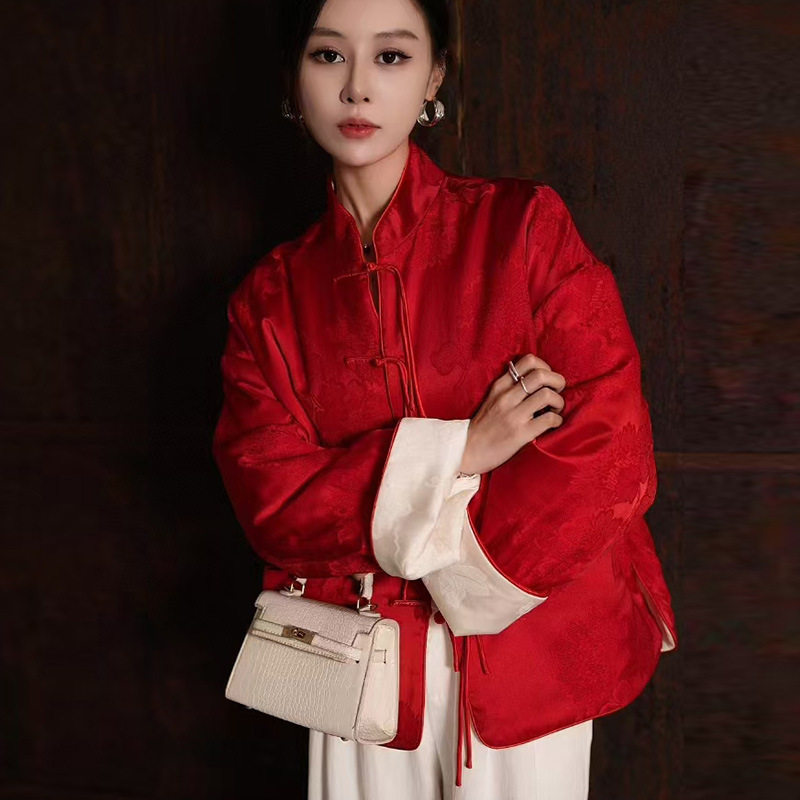 拜年服红色外套喜庆新中式外套立领盘扣宽松冬季夹棉双面爆款外套