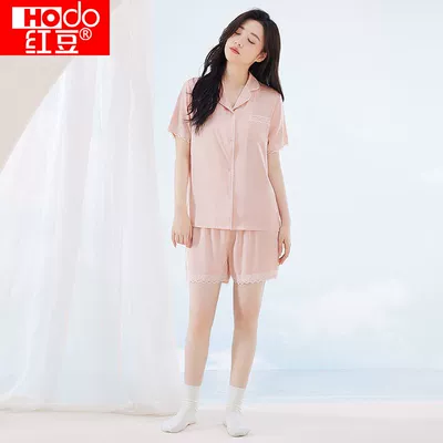 红豆冰丝夏轻薄女士短袖开衫睡衣薄款睡衣套装短裤夏季翻领休闲圆