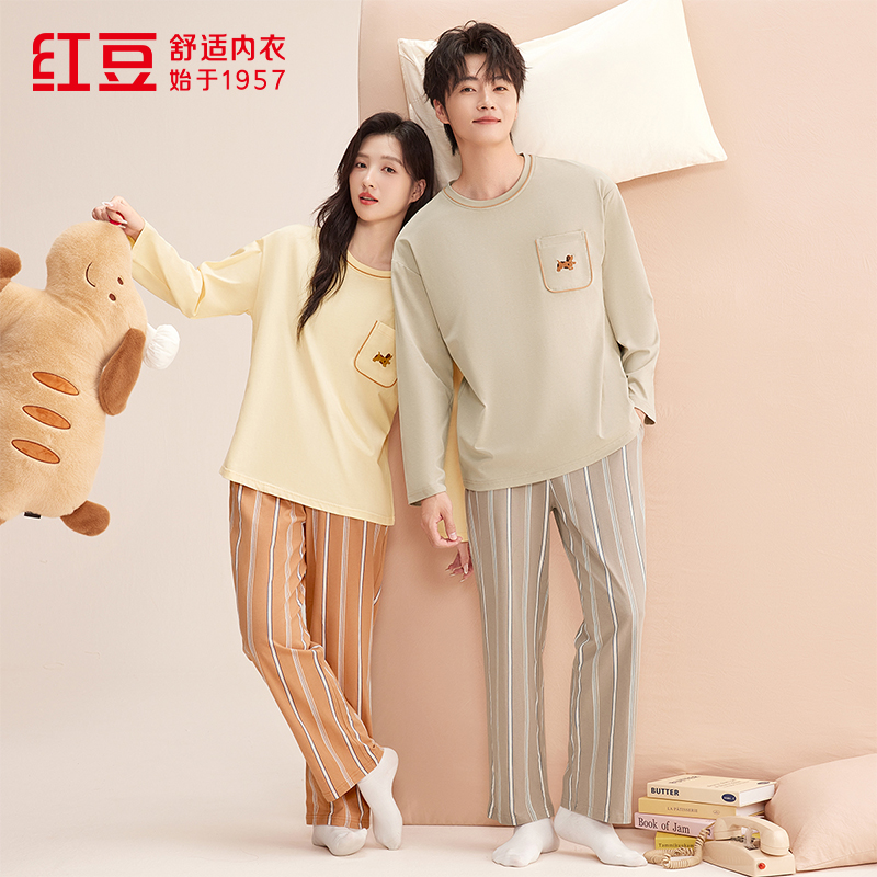 红豆7A级抑菌纯棉情侣套头睡衣宽松休闲可外穿男士女士居家服套装