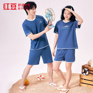 红豆100%纯棉短袖短裤情侣睡衣男女士圆领全棉宽松休闲居家服套装