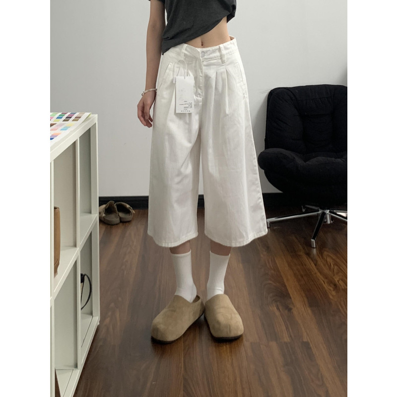 夏新款美式白色褶皱肌理感七分牛仔裤女时尚休闲宽松高腰阔腿中裤