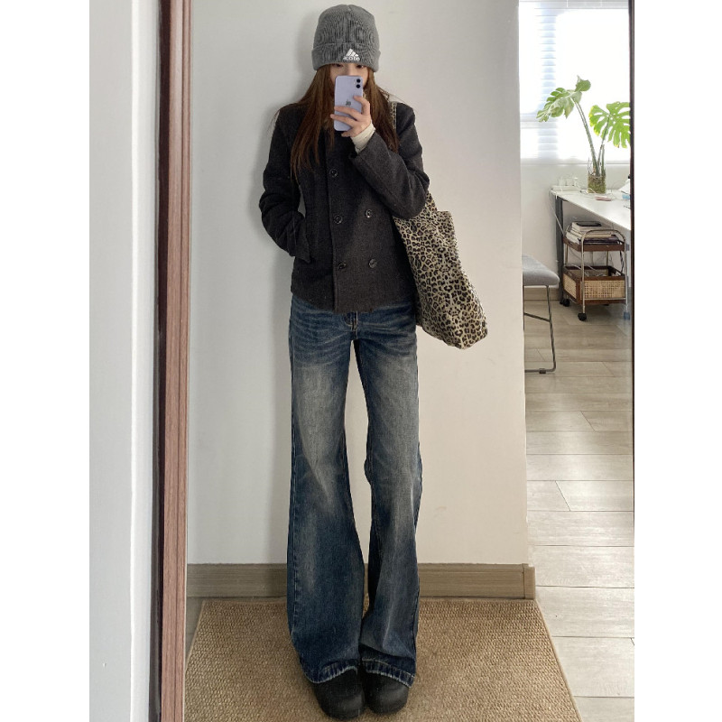 加长版美式做旧喇叭拖地裤女低腰图片