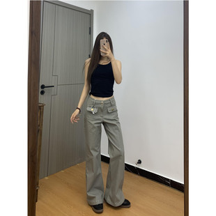 175高个子加长立体口袋低腰微喇裤女设计感高街修身直筒休闲裤夏