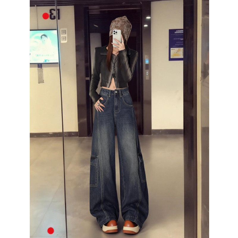 高个子加长版加绒加厚阔腿牛仔裤女设计感高腰宽松直筒弯刀裤秋冬