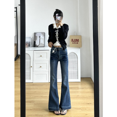 加长版美式低腰微喇牛仔裤女修身