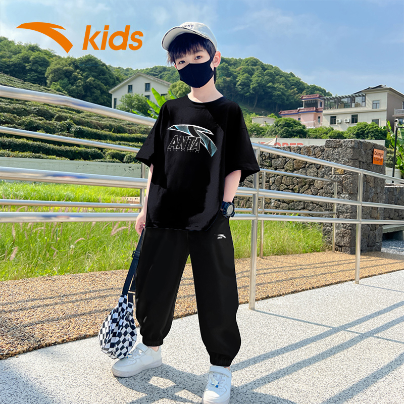 安踏童装男童短袖套装2025夏季新款儿童休闲两件套大童运动夏装男