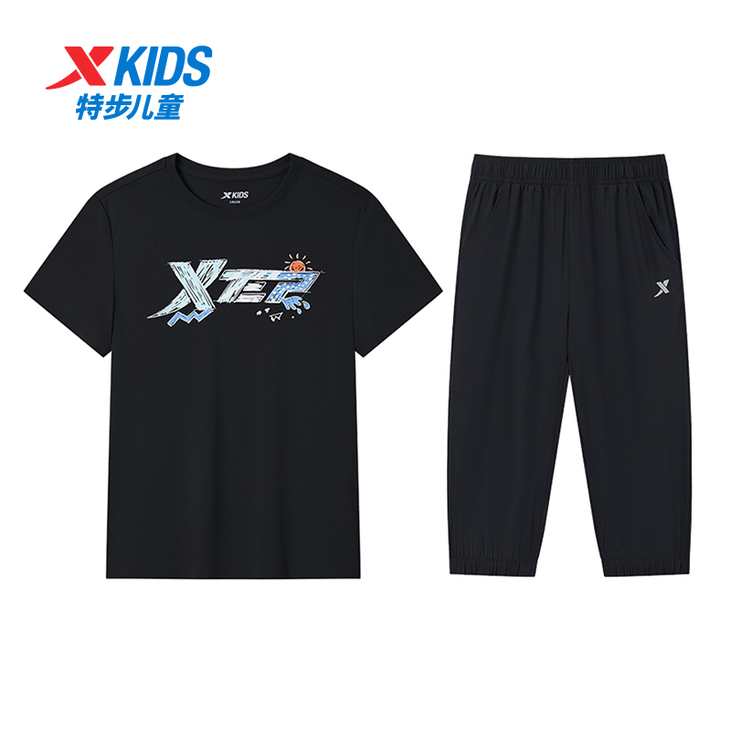 特步童装男童短袖七分裤套装2025夏季新款儿童休闲运动服大童夏装