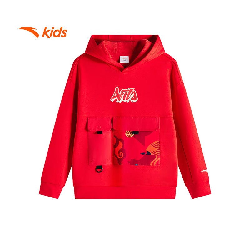 安踏童装男童连帽卫衣2026新春龙服儿童加绒红色大童休闲运动冬装