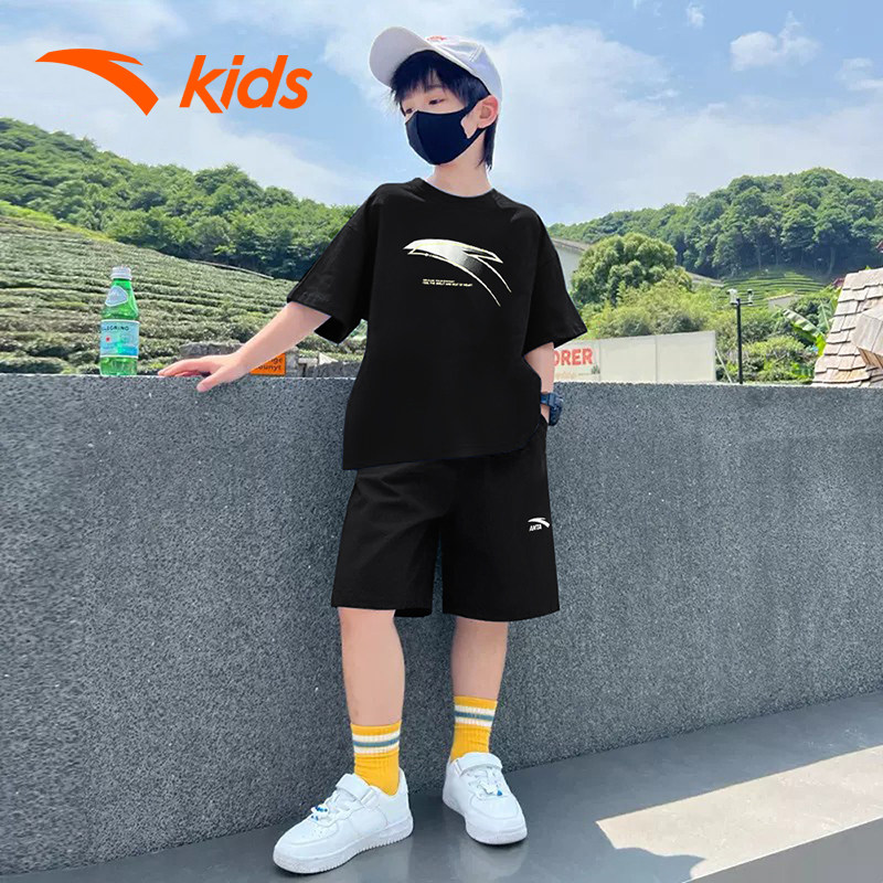 安踏童装男童黑色套装2026夏季新款儿童速干运动套装大童休闲夏装