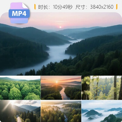 高清森林自然山林树木绿色宁静湖泊日出河流航拍云雾视频素材