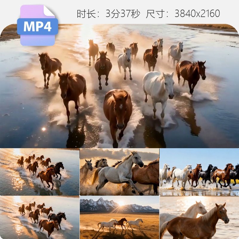 高清万马奔腾天马浴河马群奔跑大气震撼金色日出草原雪山视频素材