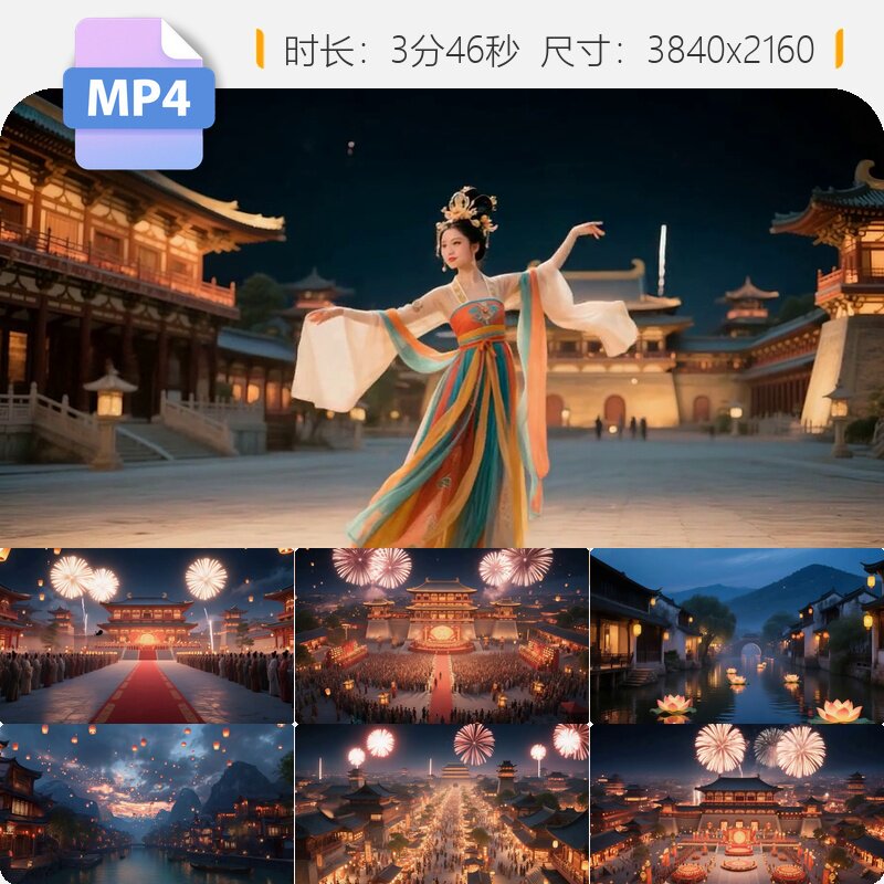 高清大唐盛世长安城繁华夜景烟花舞蹈朝国风古典宫廷皇街视频素材