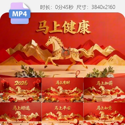 高清2026马年新春红色喜庆片头动画马到成功金马送福贺岁视频素材