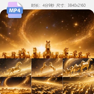 高清金色万马奔腾星空宇宙粒子光效华丽大气马年年会赛马视频素材