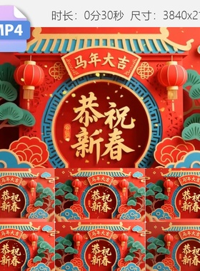 高清马年大吉春节贺岁中国风动画背景红色祥云灯笼宫门视频素材