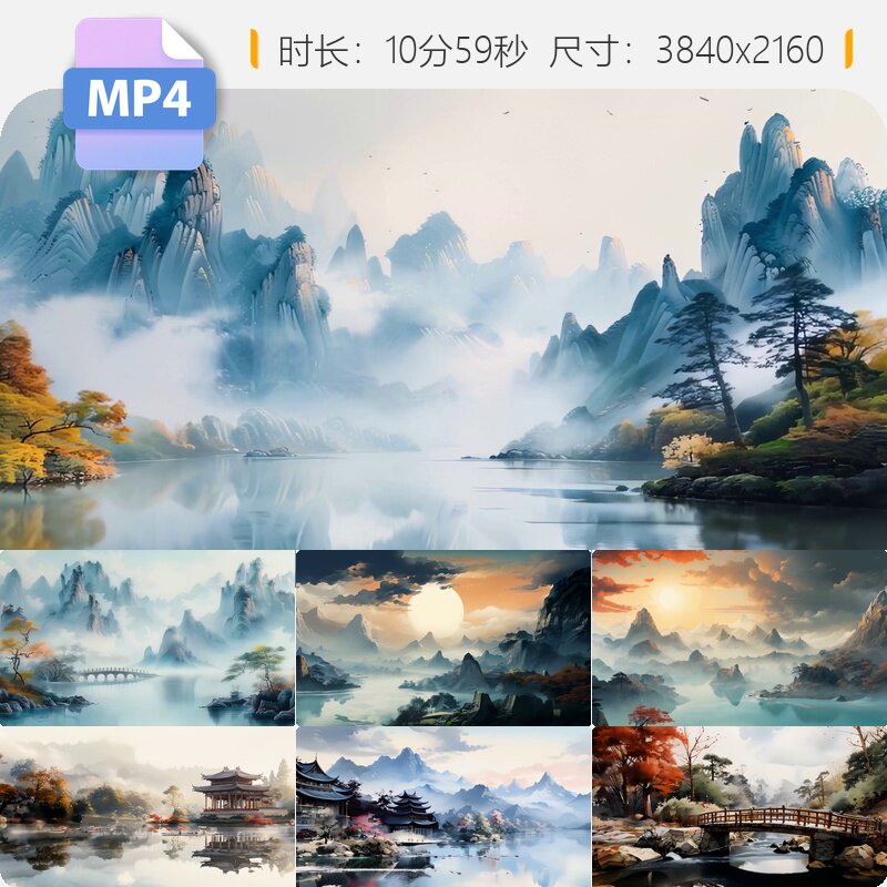 高清4K水墨山水国画意境亭台楼阁唯美夕阳大气舞台背景视频素材