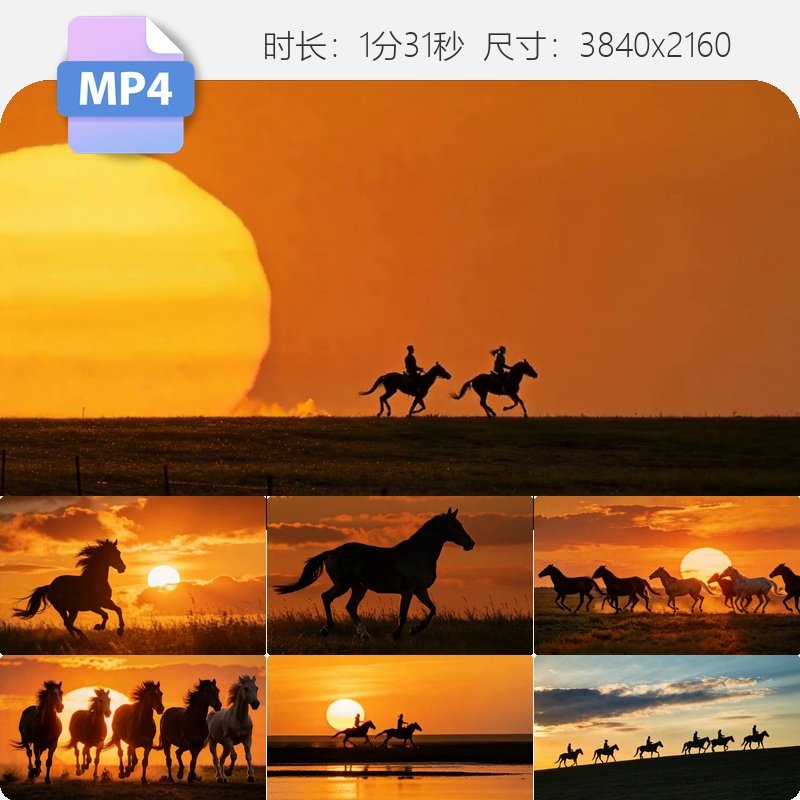 高清马奔腾草原奔跑万马奔腾夕阳剪影骏马群动态牧场霞光视频素材