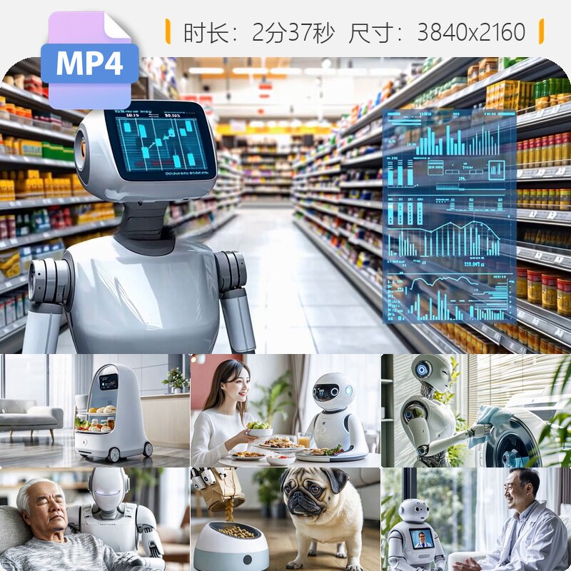 高清AI智能家庭机器人未来家居生活洗衣服做饭买菜送餐视频素材