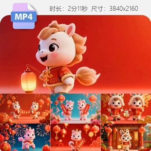 高清少儿卡通马春节拜年马年开场动画红色中国风马到成功视频素材