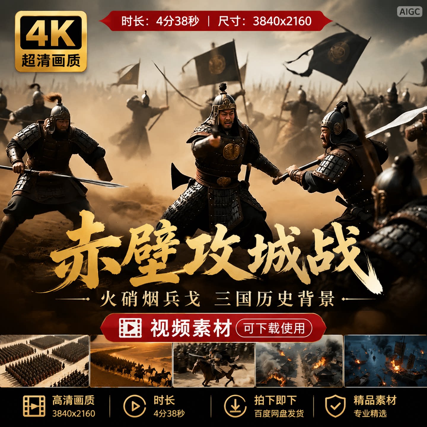 高清赤壁攻城战火硝烟兵戈三国历史背景大气磅礴大秦骑视频素材