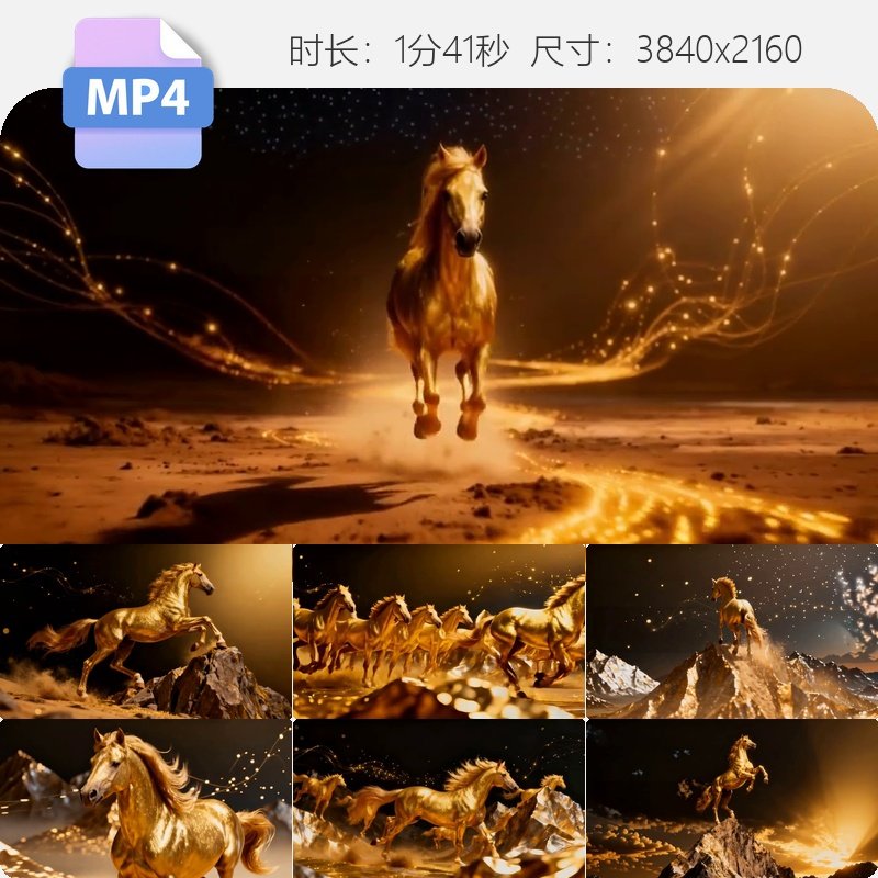 高清金色骏马奔腾大气震撼三维动画马到成功2026年会开场视频素材,商务/设计服务,设计素材/源文件,淘宝优惠券,粉丝福利购,淘宝优惠卷