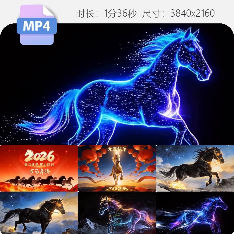 高清2026马年动态背景万马奔腾新年元旦金色星空粒子光效视频素材