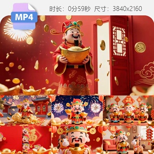 高清2026马年春节财神爷送福卡通动画背景中国风喜庆视频素材