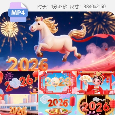高清2026马年国风动画LED背景新年春节卡通喜庆吉祥京剧视频素材