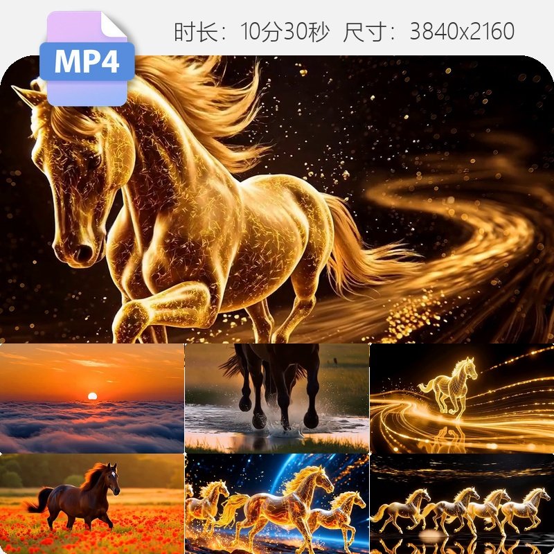 高清2026马年超长动态素材 金马奔腾骏马奔跑万马奔腾水视频素材