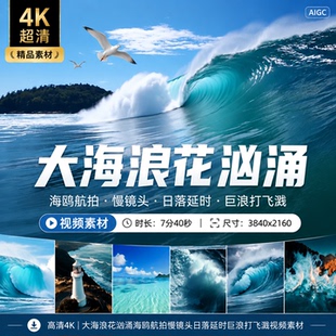 高清4K大海浪花汹涌澎湃海鸥航拍黄昏夕阳延时巨浪翻滚视频素材