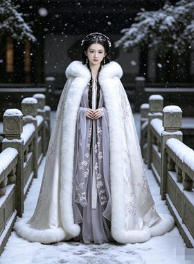 白色斗篷古装汉服秋冬季中国风毛领大氅加绒加厚外套大衣披风冬装