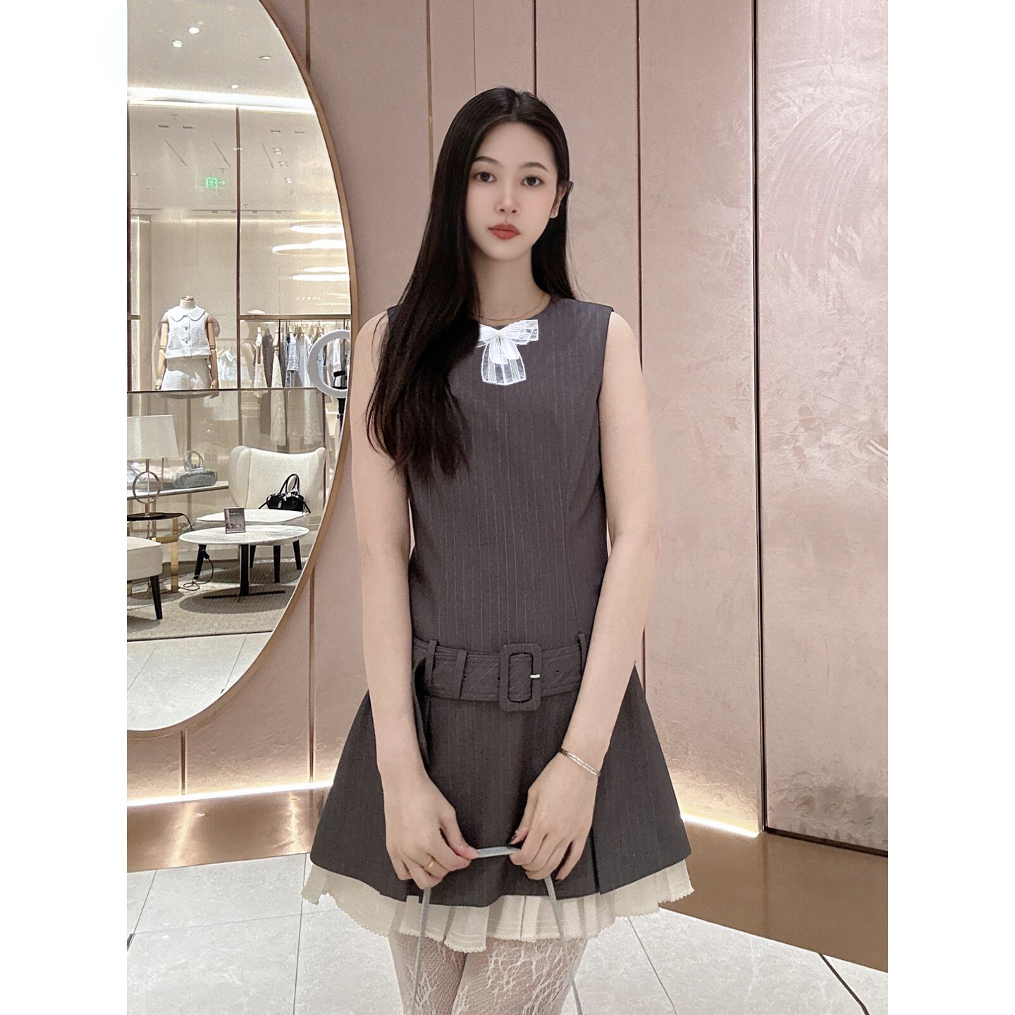 现货灰色条纹公主裙夏季新款甜美蝴蝶结短袖连衣裙西装裙