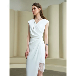 高个子法式 V领抽褶蕾丝拼接裙 仿醋酸乱麻骨感包臀裙2026早春新品