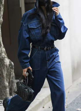 牛仔裤子女式镇店之宝高个子复古港风多口袋高腰工装裤蓝色连体裤