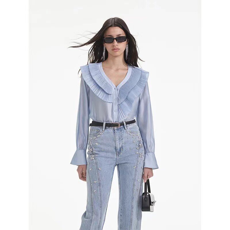 小个子甜美学院风荷叶边衬衫2026早春新品薄雾蓝荷叶边压褶上衣女