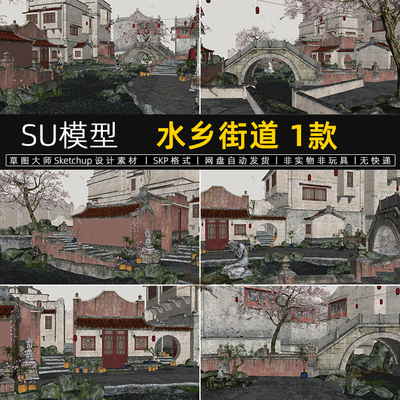 水乡街道SU模型江南老街古巷古镇场景石拱桥sketchup素材草图大师
